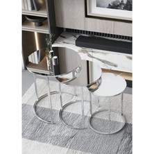 Mervish Decor Gümüş Metal Aynalı 3’lü C Zigon Sehpa Takımı – Modern Yuvarlak Tasarım Dekoratif Yan Sehpa Seti