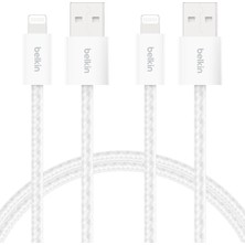 Belkin 2'li Örgülü Usb-A - Lightning Kablo 1,5 M, Yumuşak, Esnek ve Hızlı Şarj Kablosu, iPhone 14 ve Önceki Modeller, 9. Nesil iPad ve Airpods ile Uyumlu, Beyaz