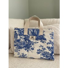 Fiorbag El Yapımı Mavi Toile De Jouy Desenli Kadın Çantası 11 Inç Tablet Çantası Sürdürülebilir Kumaş
