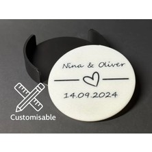 DU&ER 2'li Kişiye Özel Çift & Kalp Tasarımlı Düğün Bardak Altlığı 1 Tepsili – Personalized Wedding Coaster