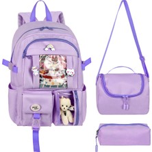 Lila Kore Kawaii Tarzı Okul Sırt Çantası,günlük Sırt Çantası Termal Beslenme Çantası ve Kalemlik