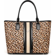 Zerva Queen Miami Polo Kadın Leopar Desenli Omuz Çantası Şerit Detaylı Şık Günlük Tote Çanta
