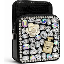 Zerva Queen Taş Detaylı Siyah Abiye Mini Çanta – Parfüm Figürlü, Işıltılı Özel Tasarım Clutch