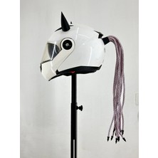 3dpazarıcom Motor & Motosiklet 3D Baskı Siyah Şeytan Boynuzlu Pembe Örgülü Tekli Saç Kask Dış Aksesuarı