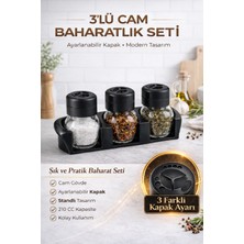 Genchome Homeware 3’lü Cam Baharatlık Seti Standlı | Ayarlanabilir Kapaklı | 210 cc | Şık ve Modern Tasarım