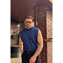 Guaraz Erkek Lacivert Basketci Sıfır Kol Bisiklet Yaka Oversıze %100 Pamuk Kolsuz Kejıl T-Shirt