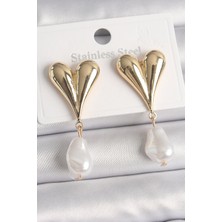 Negok Pirinç Gold Renk Kalp Model Sallantı Inci Damla Model Kadın Küpe