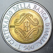 Banknoting Italya 500 Liret 1993 Hatıra-Merkez Bankasının 100. Yılı. Bimetal Çilaltı.