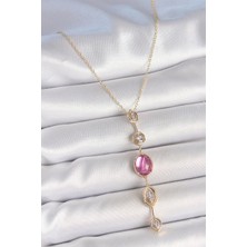 Negok Pirinç Zincir Gold Renk Pembe Zirkon Taşlı Y Kolye