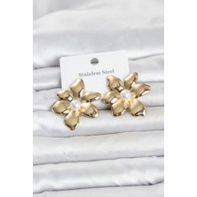Uravas Store 316L Çelik Gold Renk Incili Lotus Model Kadın Küpe