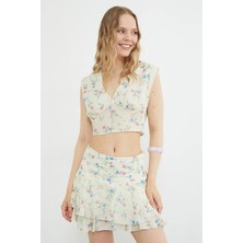 FullaModa Çiçek Desenli Dantel Detaylı Crop Bluz