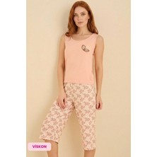 Seamlife Kadın Somon Düğmesiz Bisiklet Yaka Atlet Bermuda Homewear - Viskon Kolsuz Kapri Pijama Takımı