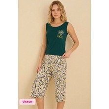 Seamlife Kadın Yeşil Düğmesiz Bisiklet Yaka Atlet Bermuda Homewear - Viskon Kolsuz Kapri Pijama Takımı