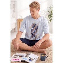 Seamlife Homewear Erkek Mavi Bisiklet Yaka Düğmesiz Pamuklu Yazlık Kısa Kol Cepli Şortlu Pijama Takımı