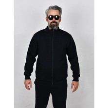 Eşofman Üstü Ceket Koyu Lacivert Unisex Fermuarlı Üç Iplik Şardonlu Cepli Regular Kesim