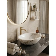 Kaelite Tezgah Üstü Doğal Mermer Evye - 40 cm Oval Tasarım Banyo Lavabosu