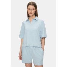 Ucla Yosemae Gök Mavi Polo Yaka Baskılı Yumuşak Dokulu Modal Kumaş Loose Fit Kadın Tshirt