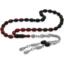 Tesbihname Ateş Kehribar Tesbih - Kararmaz Metal Damla Püsküllü - Süzme Kırmızı Siyah - Mini Boy - Arpa Kesim