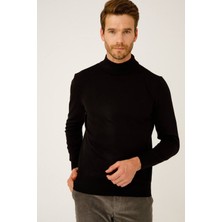 İGS Siyah Modern Fit Dar Kalıp Yarım Balıkçı Düz Uzun Kollu Triko