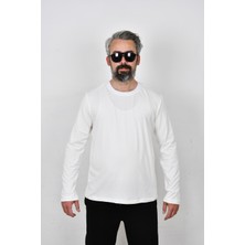 Way be Collection Beyaz Erkek Sweatshirt Sıfır  Yaka Uzun Kollu Ince Tshirt Kumaşı Regular Kalıp Hafif Bol Kesim Kalıp