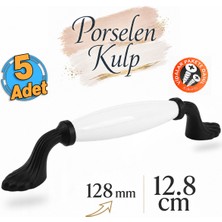 Badem10 (5 Adet) Porsuk Beyaz Siyah Porselen Kulp 128 mm 12.8 cm Çekmece Dolabı Dolap Kapak Kulbu Kulp Kulpu