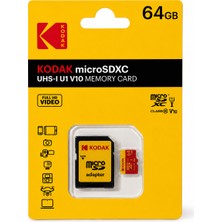 Kodak 64GB Micro Sd Uhs-I C10 U1 V10 Kart + Adaptör (Kırmızı)