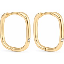 Zeino Zirkon Tektaş Detaylı Kare Halka Küpe - 14K Altın Kaplama - 2 cm