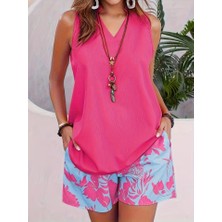Gökyüzü Moda Kadın Askılı V Yakalı Sandy Bluz ve Desenli Short Ikili Takım