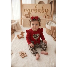 Vavbaby Kız Bebek Leopar Desenli Çıtçıt Zıbın Model Kalp Figürlü Bandanalı 3’lü Takımı