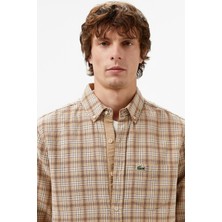 Lacoste Men's Regular Fit Button-Down Collar Plaid Shirt Brown Erkek Düğmeli Yaka Ekose Gömlek Kahverengi