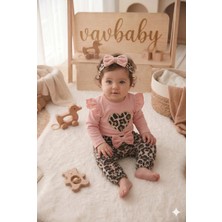 Vavbaby Kız Bebek Leopar Desenli Çıtçıt Zıbın Model Kalp Figürlü Bandanalı 3’lü Takımı