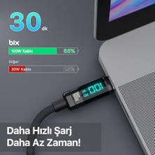 HBMB Store Bix BX09CC Type-C To Type-C 100W 480MBPS E-Marker Çipli LED Dijital Ekranlı Şarj ve Data Kablosu 1 Metre (Siyah)