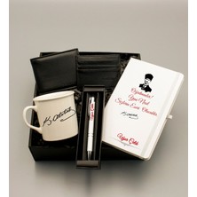 As Gift Öğretmenler Gününe Özel Atatürk Tasarımlı Kişiye Özel Beyaz Defter & Beyaz Kupa & Cüzdan ve Kartlık & Beyaz Roller Kalem & Bubble Mum Hediye Seti