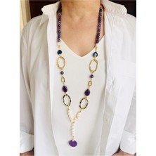 Devi Fashion Uzun Mor Doğal Taş ve Gerçek Inci Kolye 90 cm