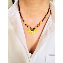 Devi Fashion Ayçiçeği Kaplan Gözü Doğal Taş Kolye 43 cm