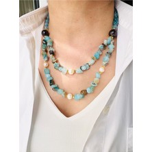 Devi Fashion Mavi Doğal Taş Gerçek Inci Kolye 50 cm