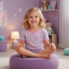 NiCe İç Giyim Unicorn Temalı Mor Renk Kısa Kol Bisiklet Yaka T-Shirt & Şort Kız Çocuk Pijama Takım Pamuk Penye