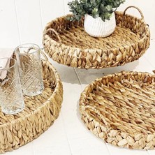 HBMB Store 3'lü Rustik El Yapımı ve Doğal Yuvarlak Hasır Kulplu Tepsi Seti, 3'lü Hasır Yuvarlak Kulplu Tepsi Seti, 3 Boy Tepsi (38 * 6cm-34 * 6cm-30 * 24 * 6cm)