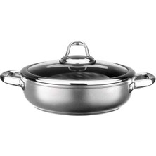 HBMB Store Titanium 28CM Sığ Tencere, Çelik Kulp, Özel Çerçeveli Cam Kapak Metalik Gri