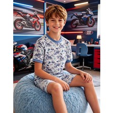 NiCe İç Giyim Motorsiklet Temalı Mavi Renk Kısa Kol T-Shirt & Şort Bisiklet Yaka Erkek Çocuk Pijama Takım Pamuk Penye