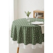 Rona Home Yeşil Yuvarlak Masa Örtüsü Güpürlü Dantel Kenarlı Leke Tutmaz Dekoratif Mutfak Yemek Masası Örtüsü