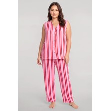 Akbeniz Büyük Beden Pembe Çizgili Yelekli Yazlık Pijama Takımı