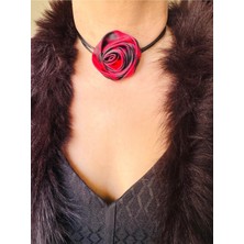 Devi Fashion Bağcıklı Saten Leopar Gül Choker Kolye