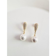 Devi Fashion Zirkon Taşlı Gold Inci Küpe 3 cm