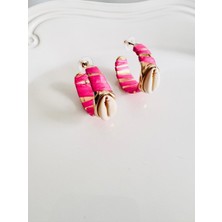 Devi Fashion Deniz Kabuğu Nazar Pembe Hasır Halka Küpe 4 cm