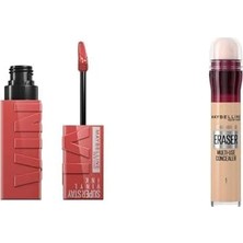 HBMB Store New York Super Ink Uzun Süre Kalıcı Likit Parlak Ruj 15 Peachy + New York Anti Age Eraser Kapatıcı, 01 Light, 6.8 ml
