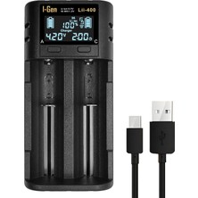I-Gen Batteries LII-400 Akıllı Li-Ion Pil Şarj Cihazı, Type-C Girişli, LCD Ekranlı, 2 Slot Şarj, Li-Ion & Ni-Mh Uyumlu (18650 / 21700 / Aa / Aaa)