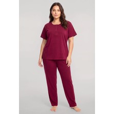 Akbeniz Büyük Beden Düğmeli Kısa Kollu Pijama Takımı Vişne