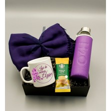 As Gift Kişiye Özel Tasarımlı Beyaz Kupa & H2O Kılıflı Suluk & Şal & Vanilla Latte Hediye Seti