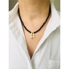 Devi Fashion Doğal Siyah Taş Çelik Yonca Uçlu Kolye